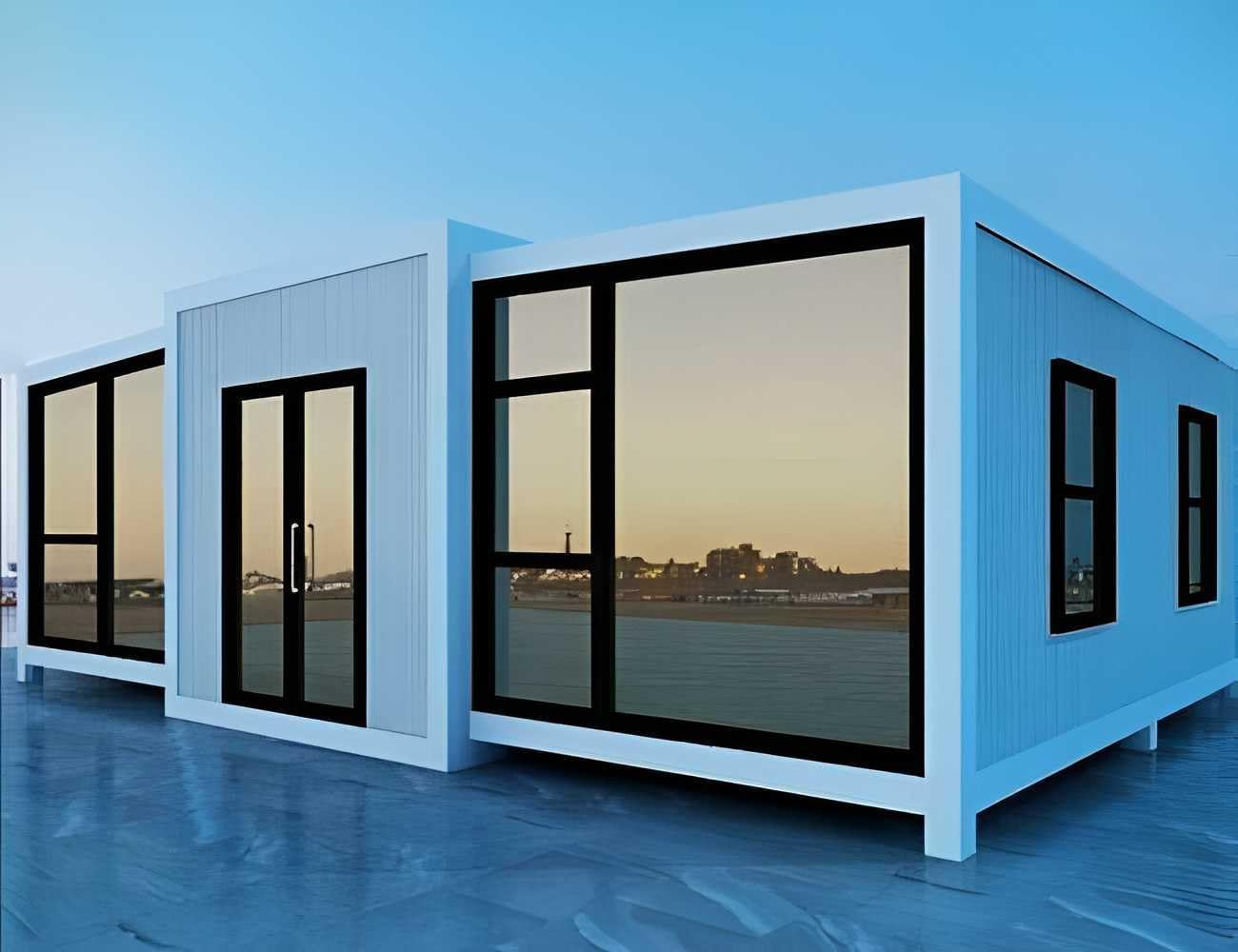 exterior of a container home with white walls and floor to ceiling windows