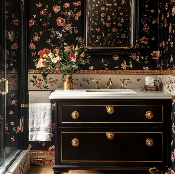 bathroom with a flower wallpaper, black cabinet, white sink, golden faucet and golden handles