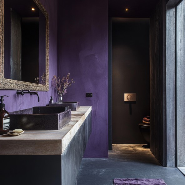 bathroom with dark violet walls, wooden countertop and black sinks and a big mirror above