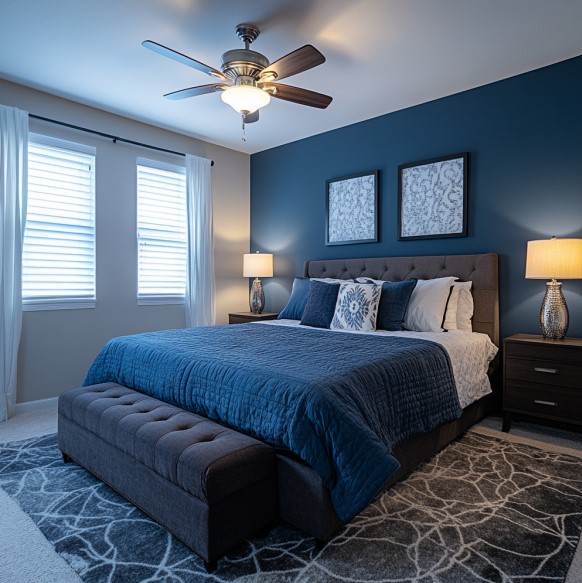 bedroom with encore blue wall and a white wall, comfy bed and two artworks above it