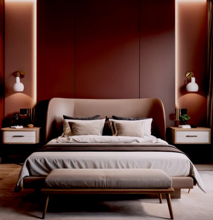 bedroom with raku red walls, bed, bedside tables with lamps above