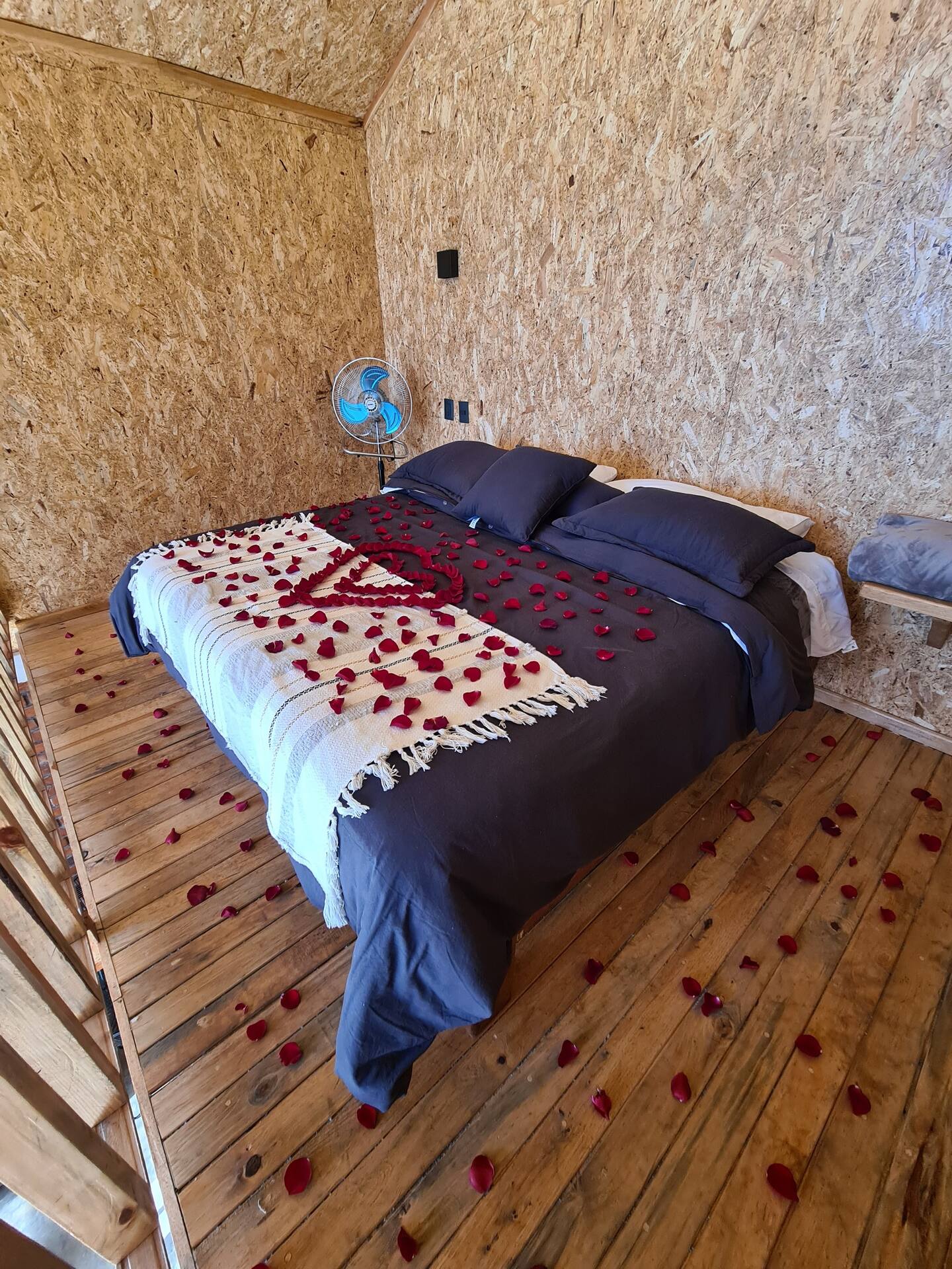 bedroom with a bed and wooden walls and a wooden floors with rose petals on the bed