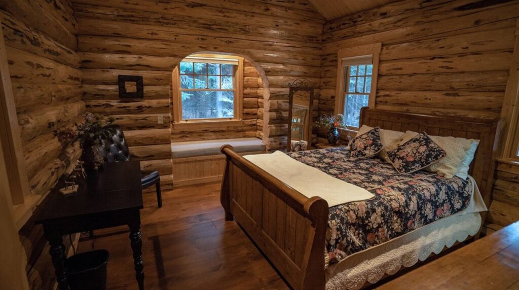 Bedroom with floral bedding, wooden furniture and a bench