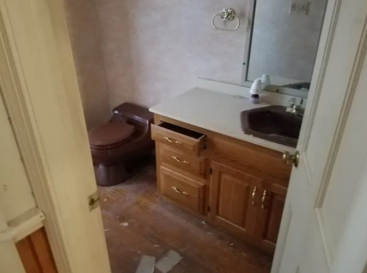 bathroom with wooden cabinet, brown sink and brown toilet before renovation