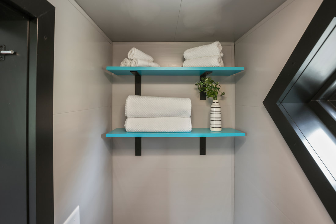 blue shelves in the bathroom