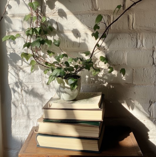 books stacked on top of each other with a plant on top