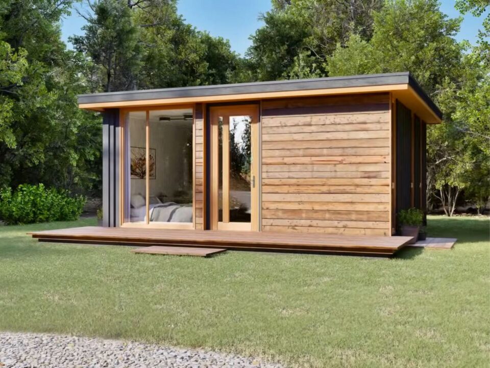 exterior of a shipping container with wooden walls that looks like a cabin