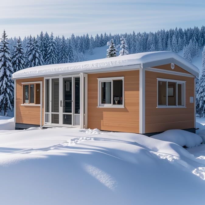 exterior of a tiny cabin like home with wooden walls covered in snow