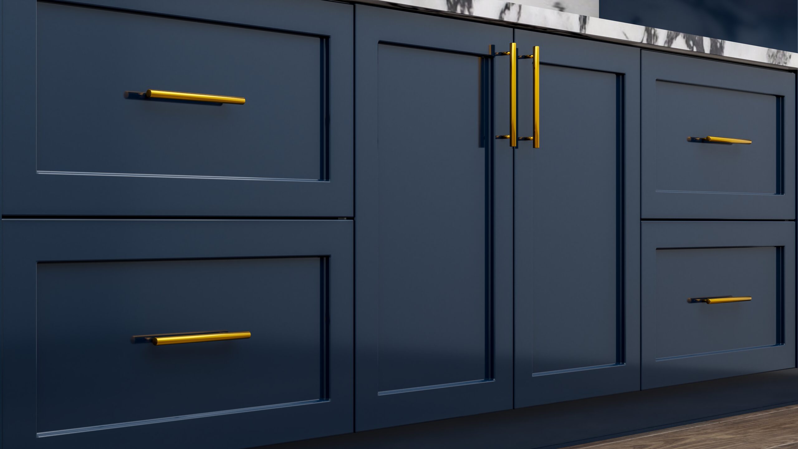 blue refreshed cabinets with gold hardware