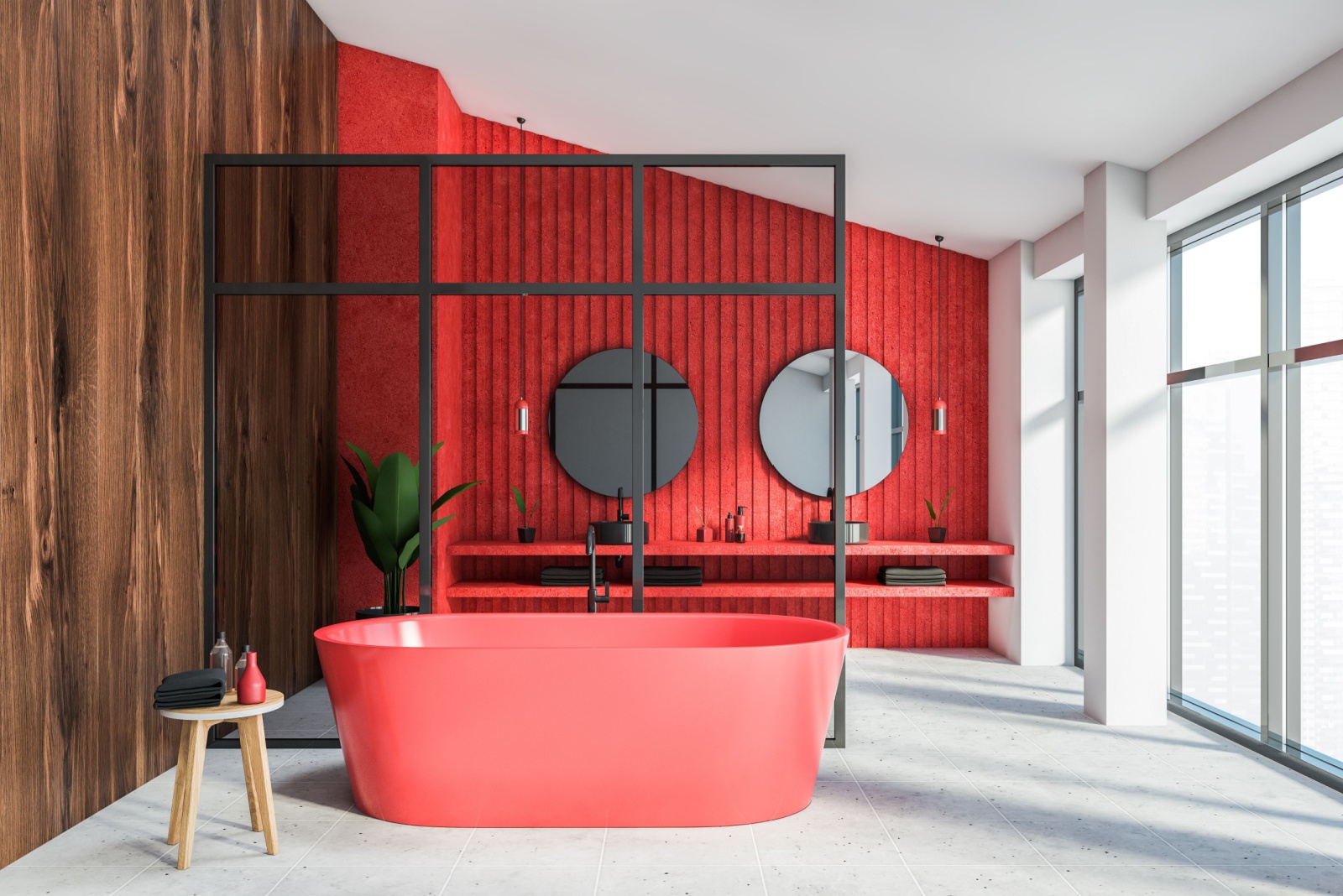 bathroom with one red wall, one white wall with floor to ceiling windows, one wooden wall, and a red bathtub and red shelves