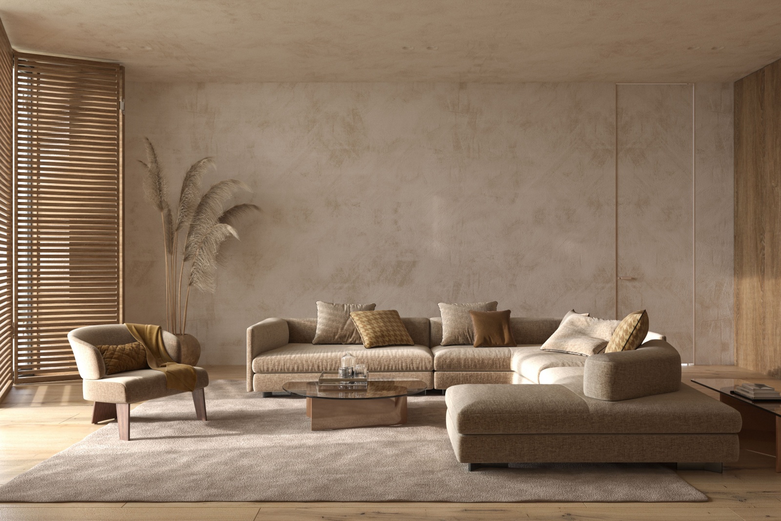 beige living room with a beige couch, glass table and a tall plant