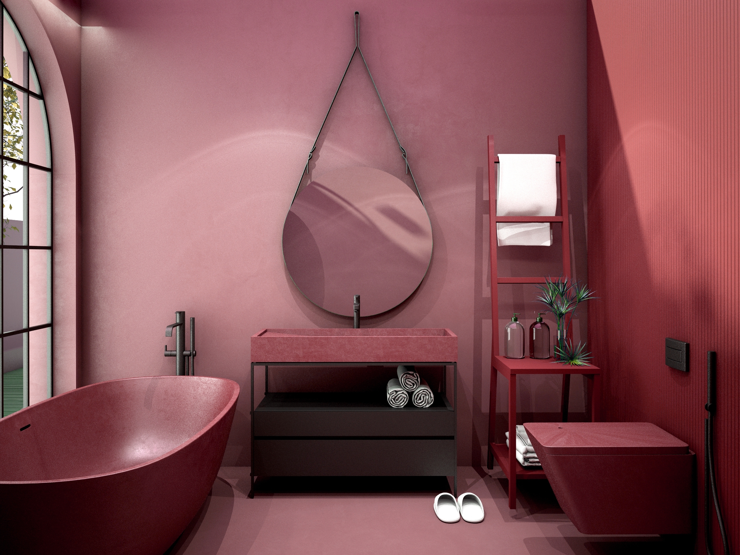 dark red and pink bathroom