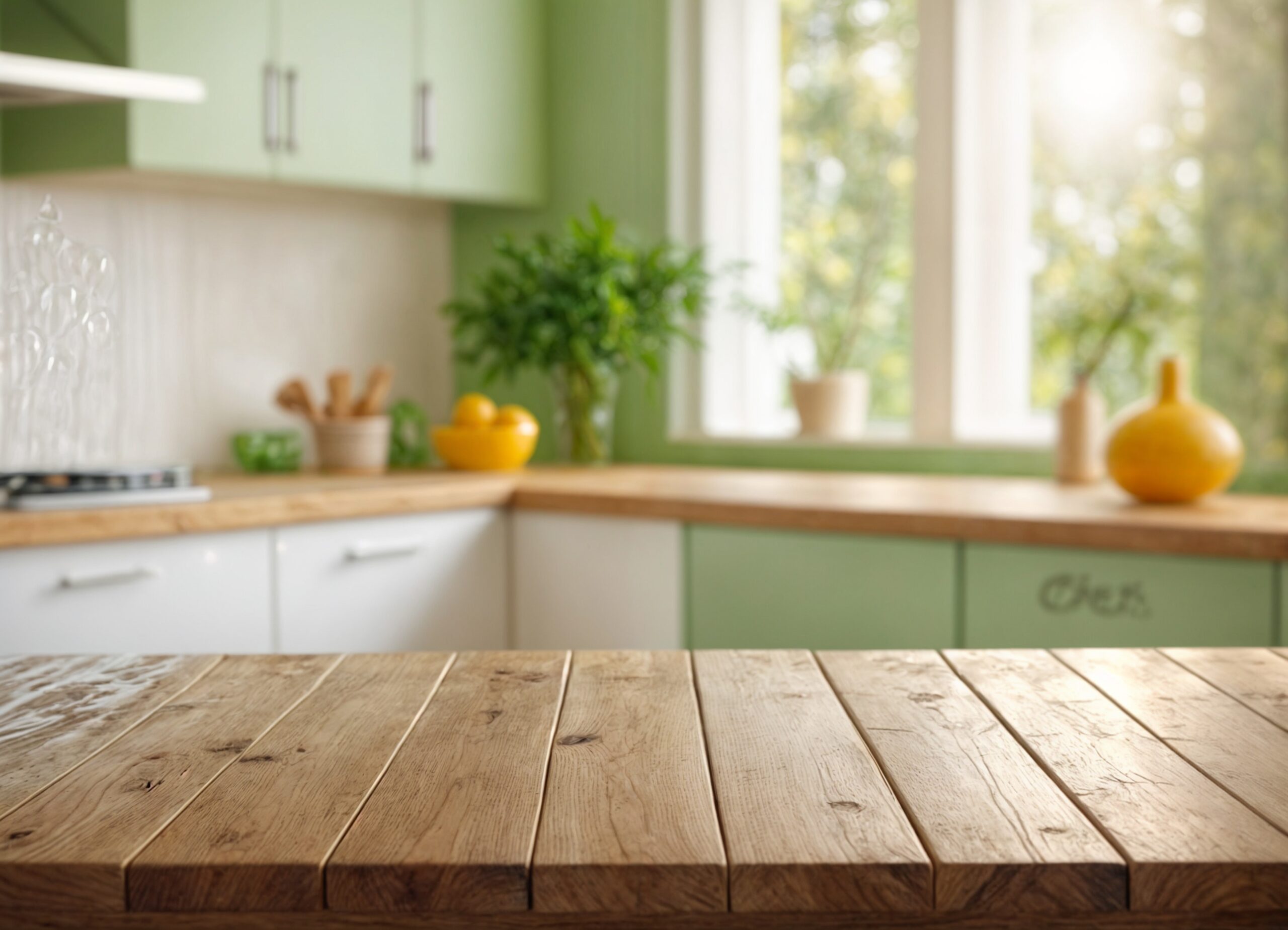 Upgraded wooden countertop with a green kitchen