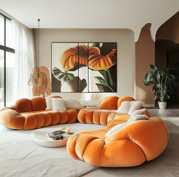 living room with a round orange couch and a huge artwork and a white rug