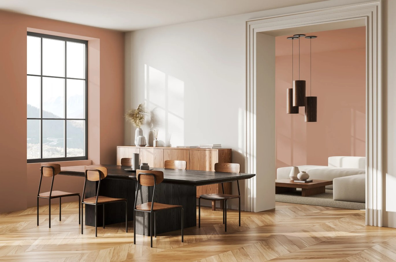 dining room with white and caramelized brown walls, long black dining table and six chairs next to it, wooden cabinet