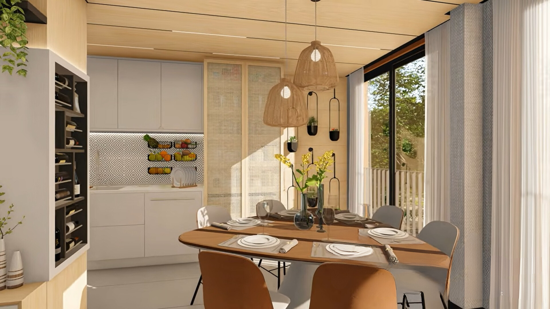 dining room with a brown dining table accompanied by chairs, hanging lamps above the table, potted hanging plants on the wall in the background