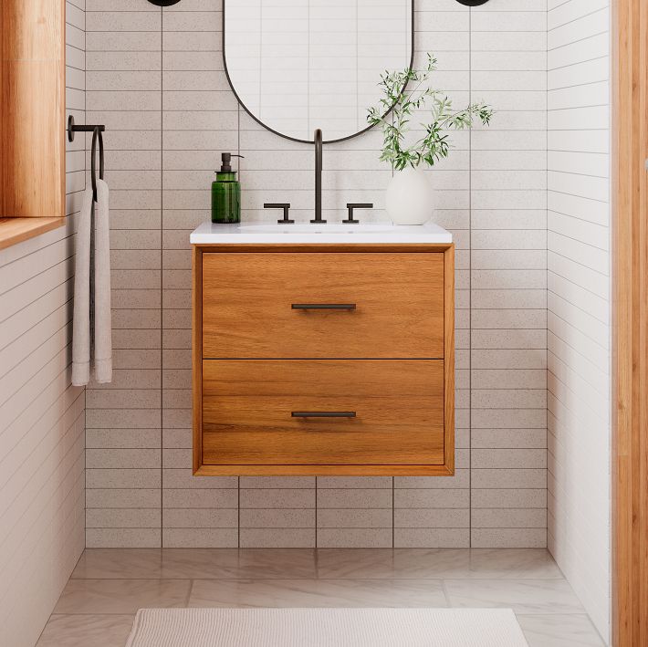 floating brown vanity in a bathroom