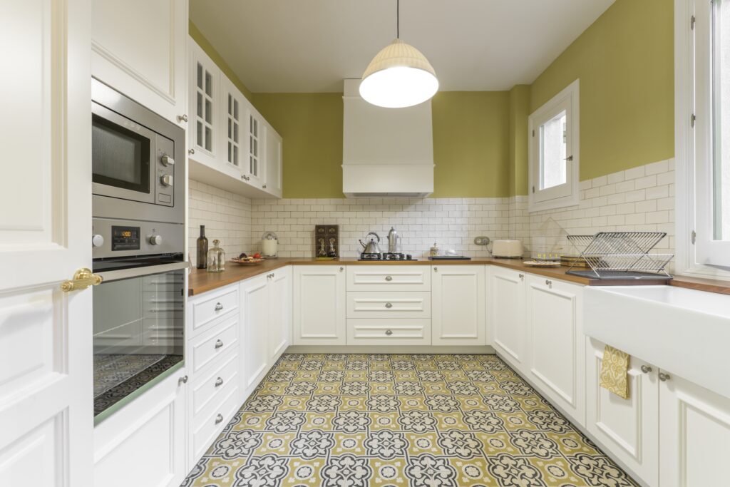 Kitchen with colorful flooring upgrade