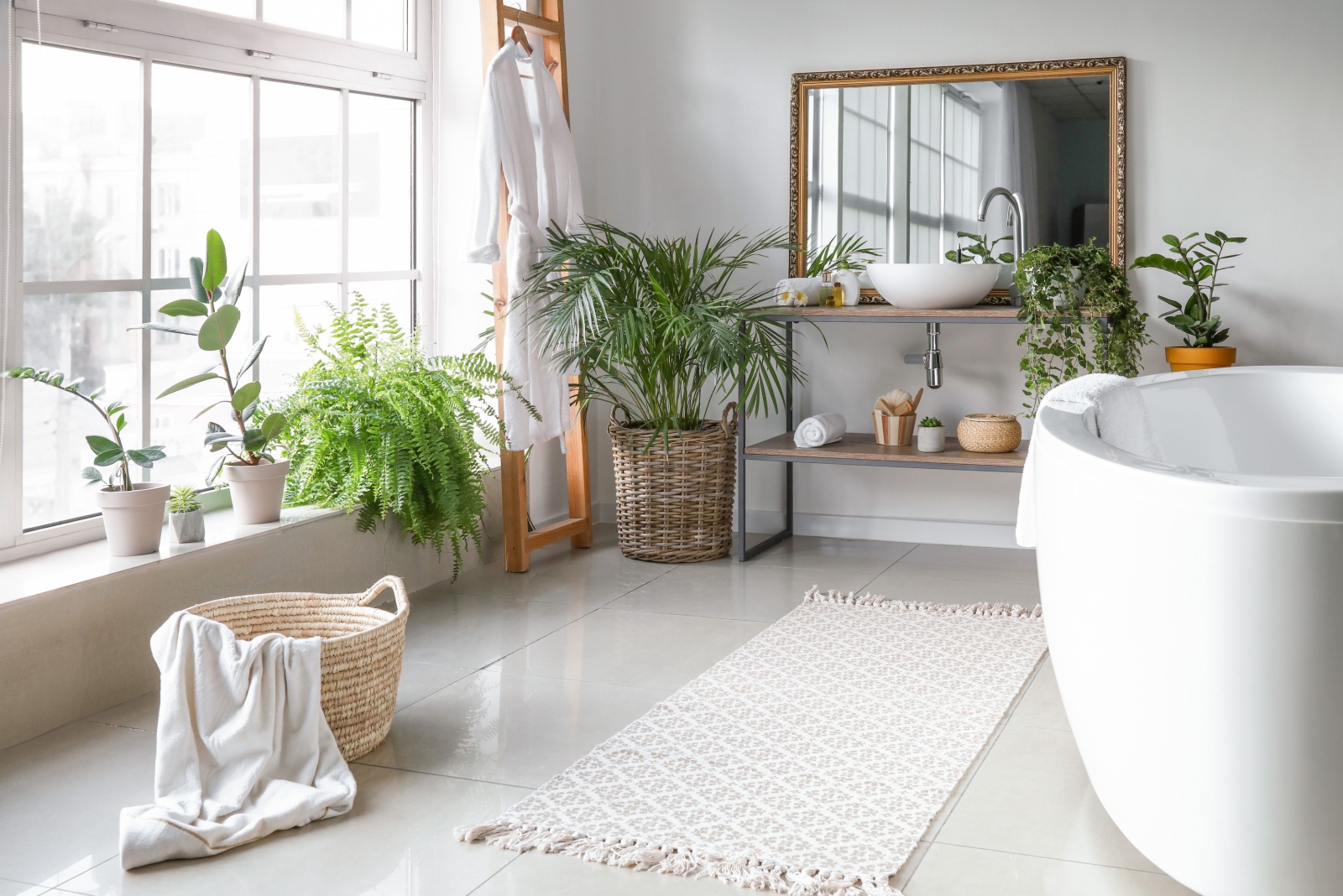 bathroom with a white bathtub, a lot of plants