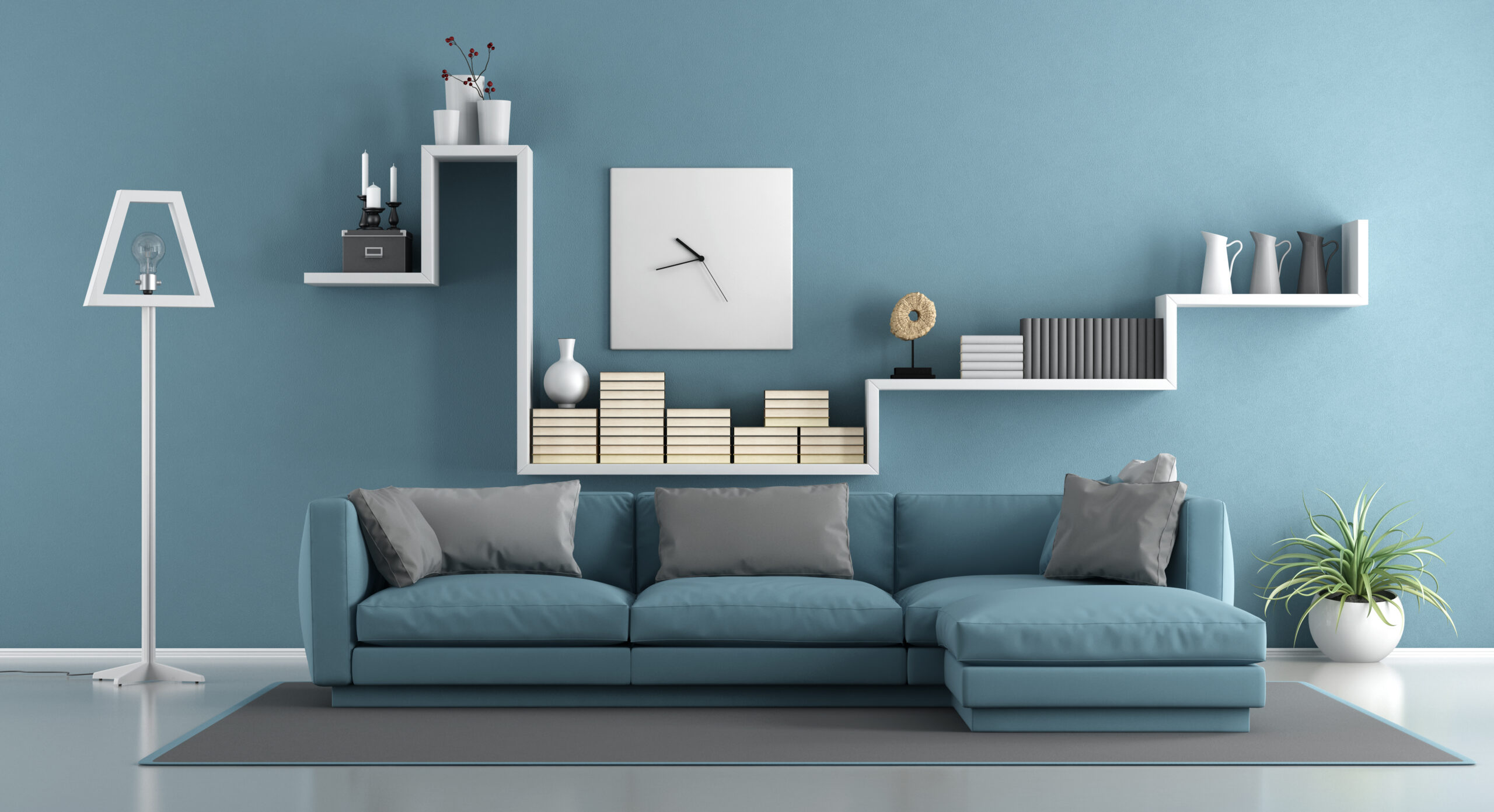 gray white and blue living room with a geometric shelf