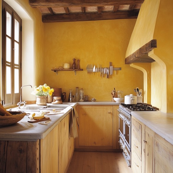 kitchen with mustard yellow colored walls, wooden cabinets and knives hung on the wall