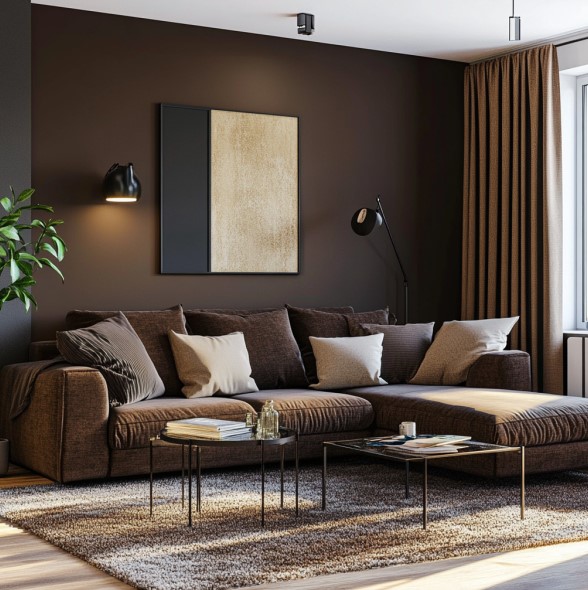 living room with a dark truffle brown color, l-shaped couch, art piece above the couch and two tables