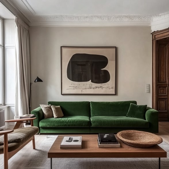 living room with a dark green couch, art piece above it, brown table