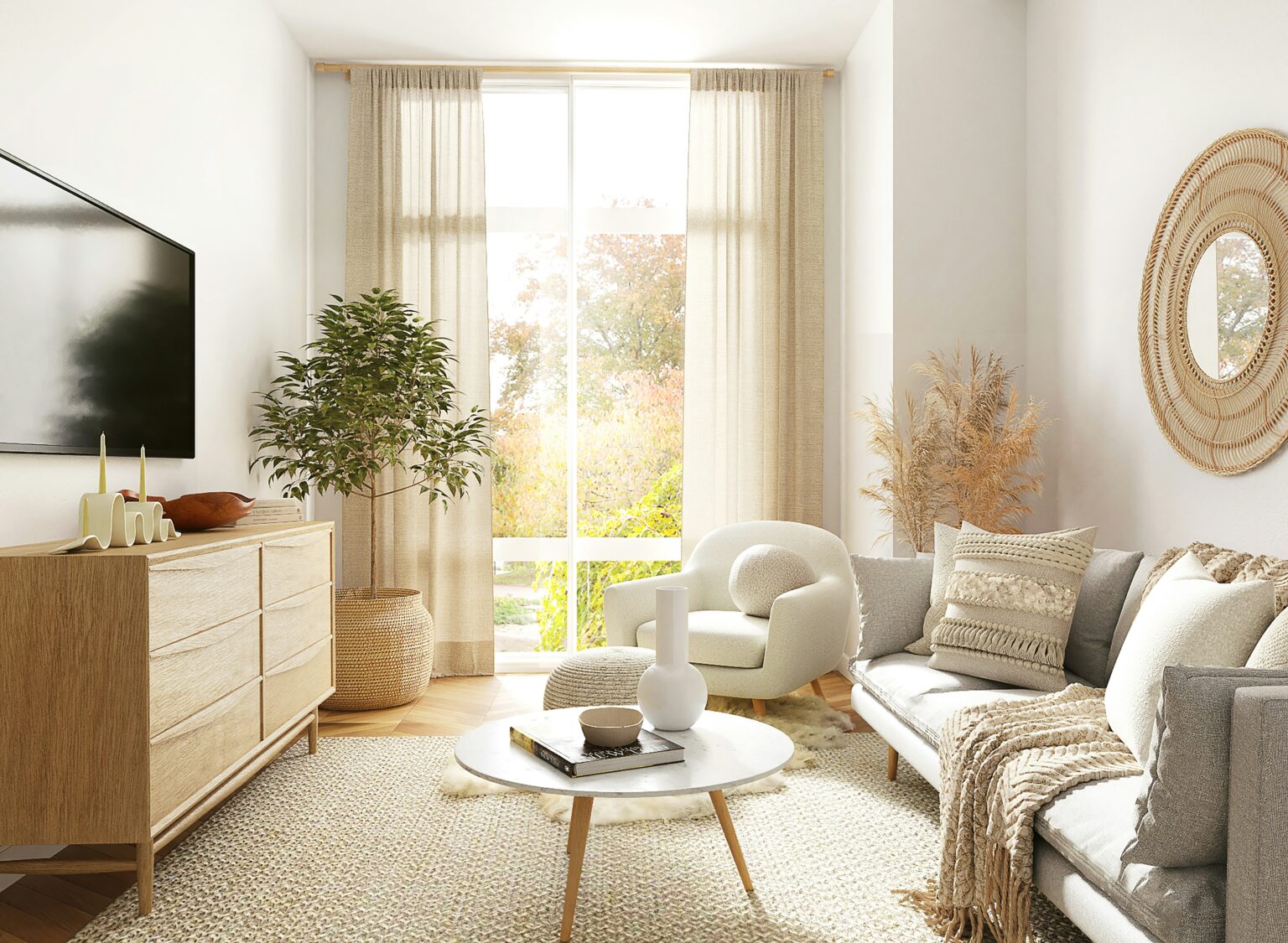 living room with white walls, floor to ceiling windows, white couch and a white sofa, round white tables, light brown cabinet, flat-screen tv