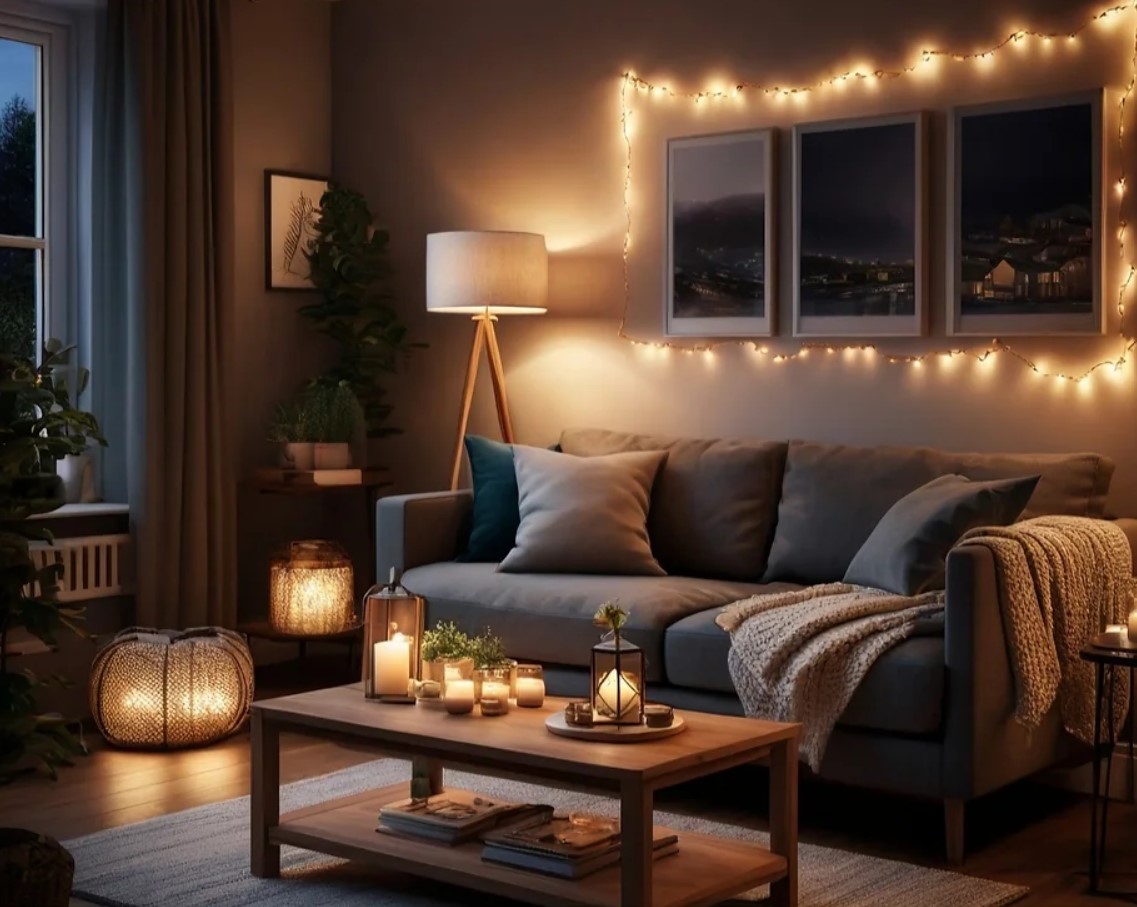 living room with a gray couch, art pieces above the couch and fairy lights around them, brown table and a lot of lamps