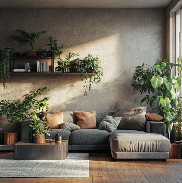 living room with an l-shaped gray couch, short table, a lot of plants