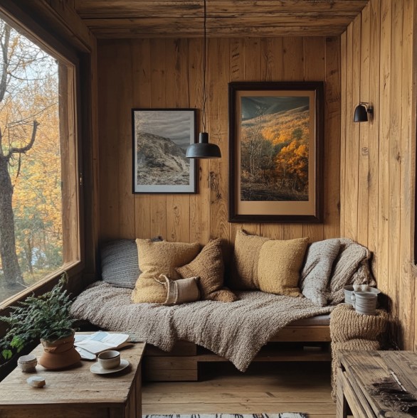 living space with a couch, wooden walls with two artworks, a low hanging lamp and brown cabinets and brown table and a big window