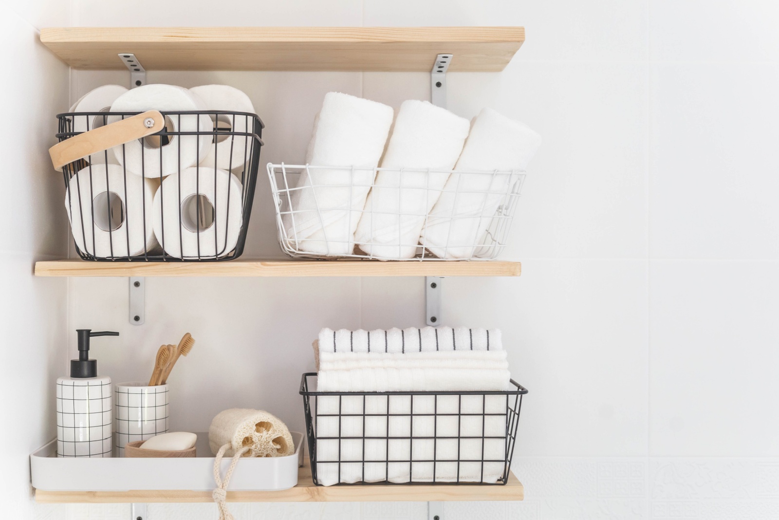 wooden shelves with bathroom essentials