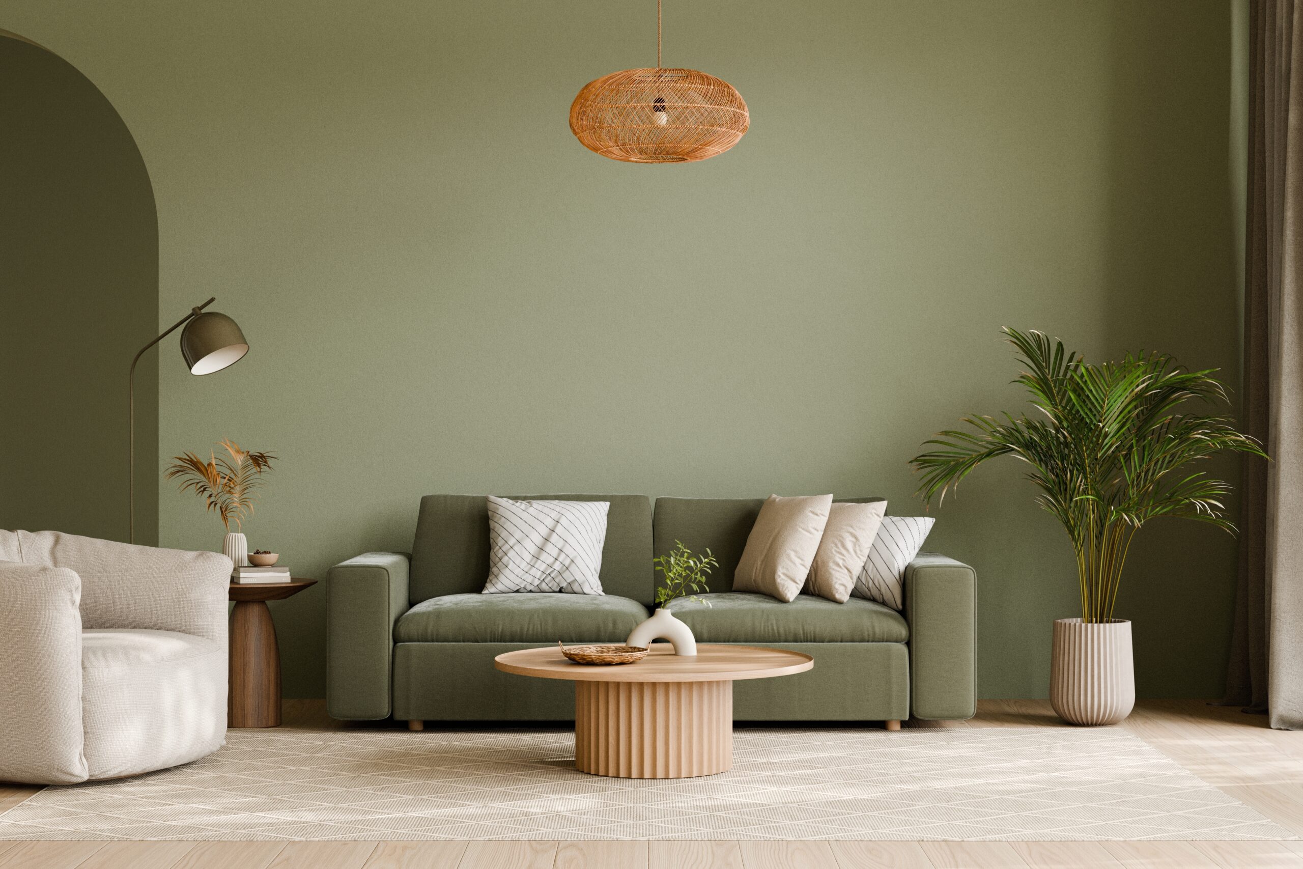 olive green living room with wooden furniture