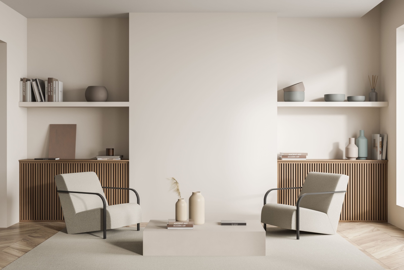 living room with two beige stools, beige rectangular table, brown cabinets