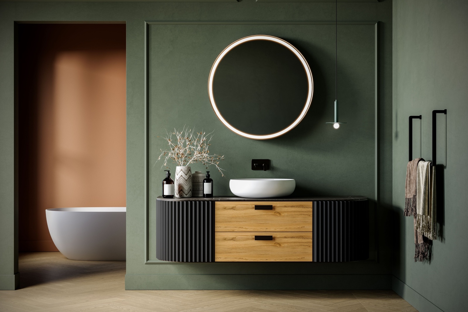 bathroom with dark green walls, round mirror above the white sink, white bathtub