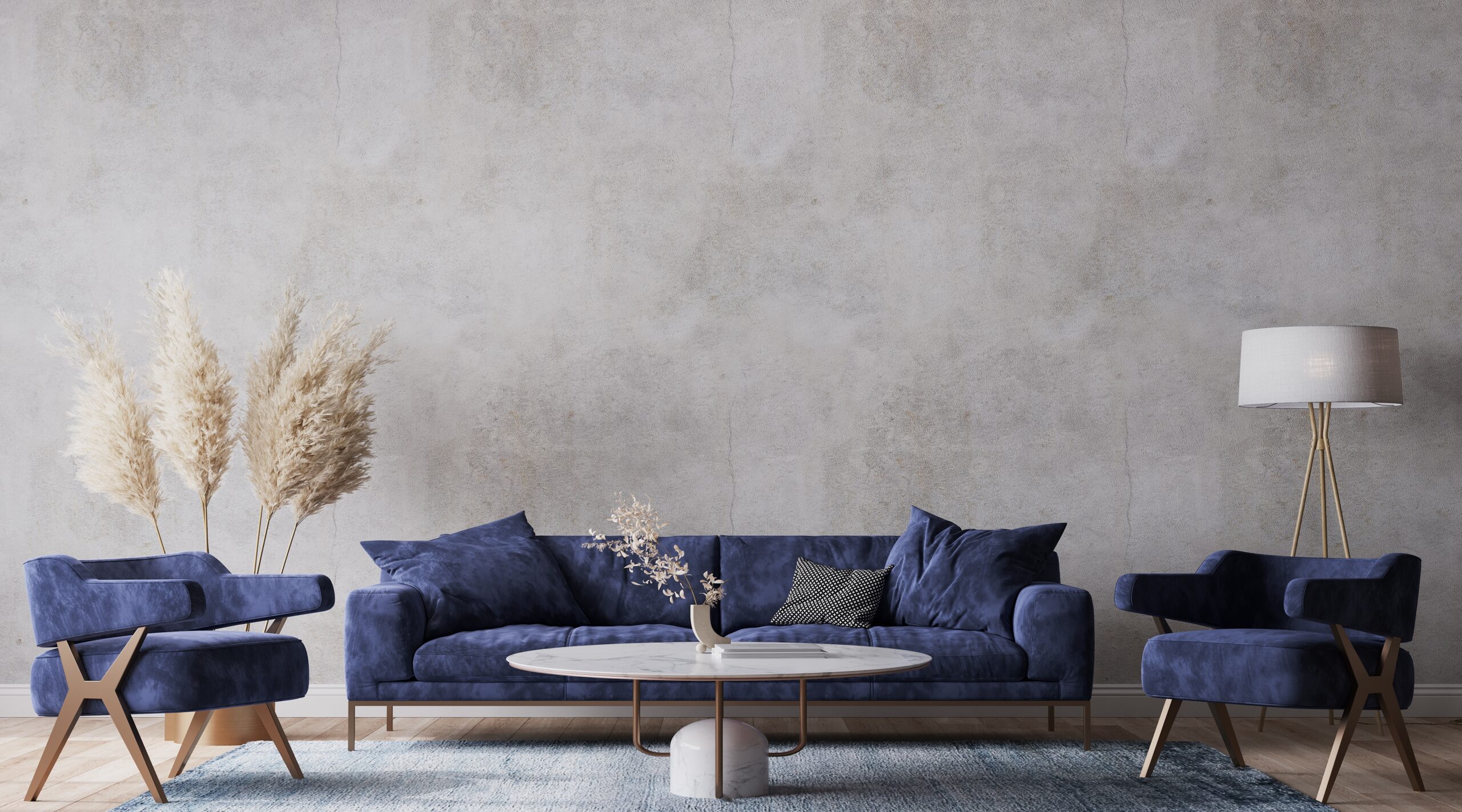 Rustic blue living room with concrete finish wall and blue longue