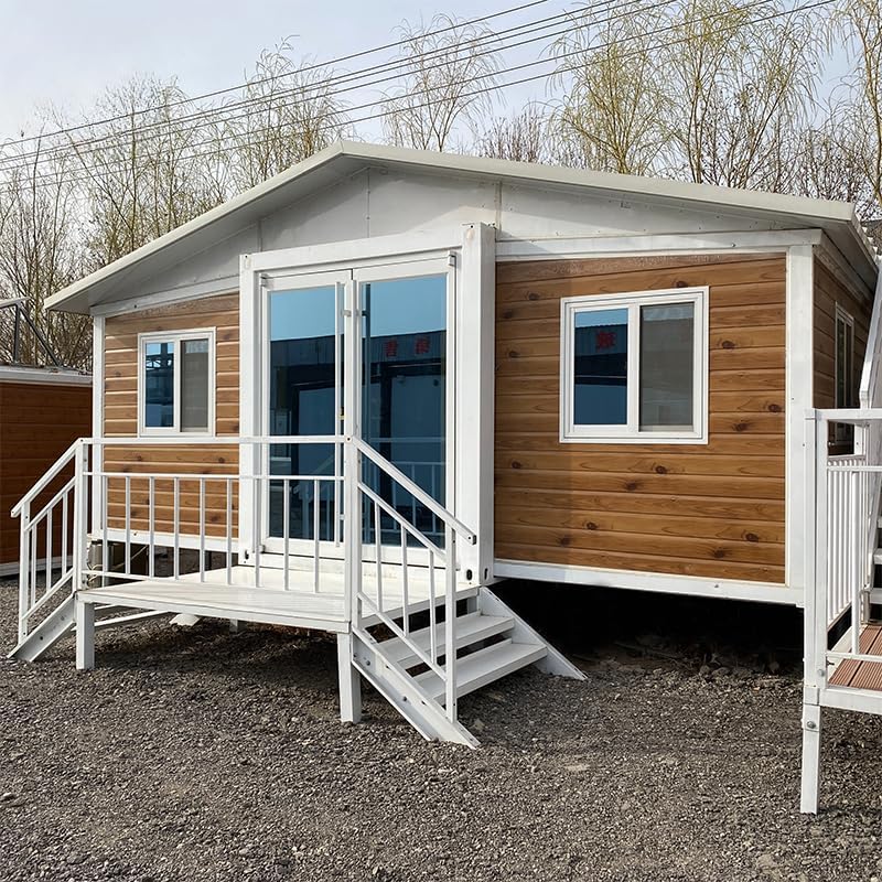 exterior of a tiny home with wooden walls and glass doors