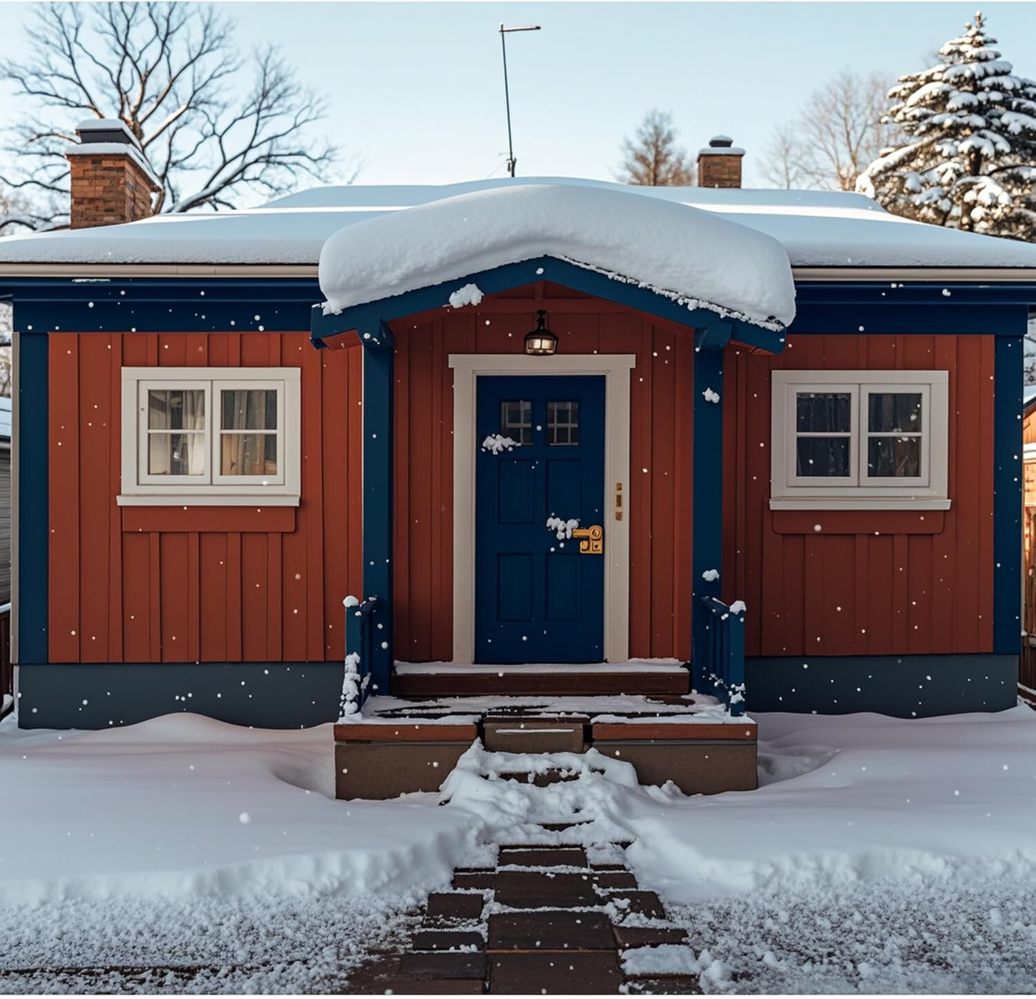 exterior of a dark blue and red home covered in snow