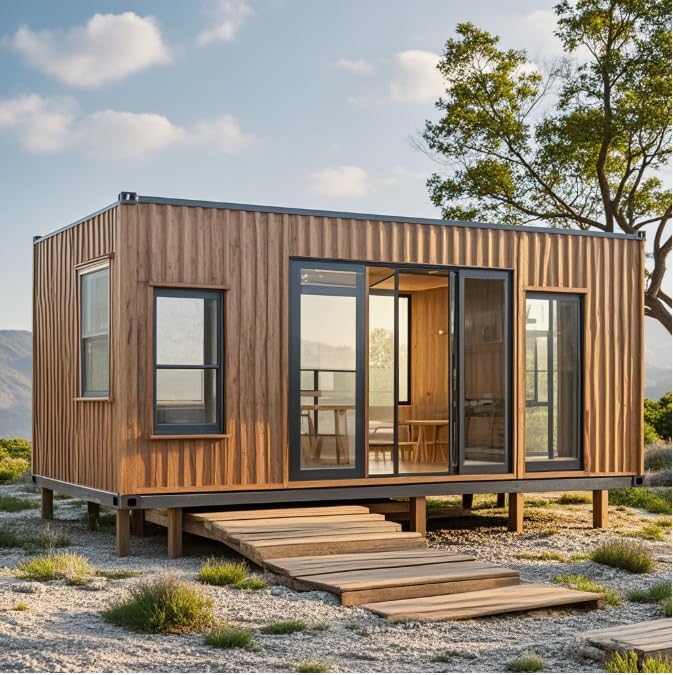 tiny home with floor to ceiling windows and wooden walls