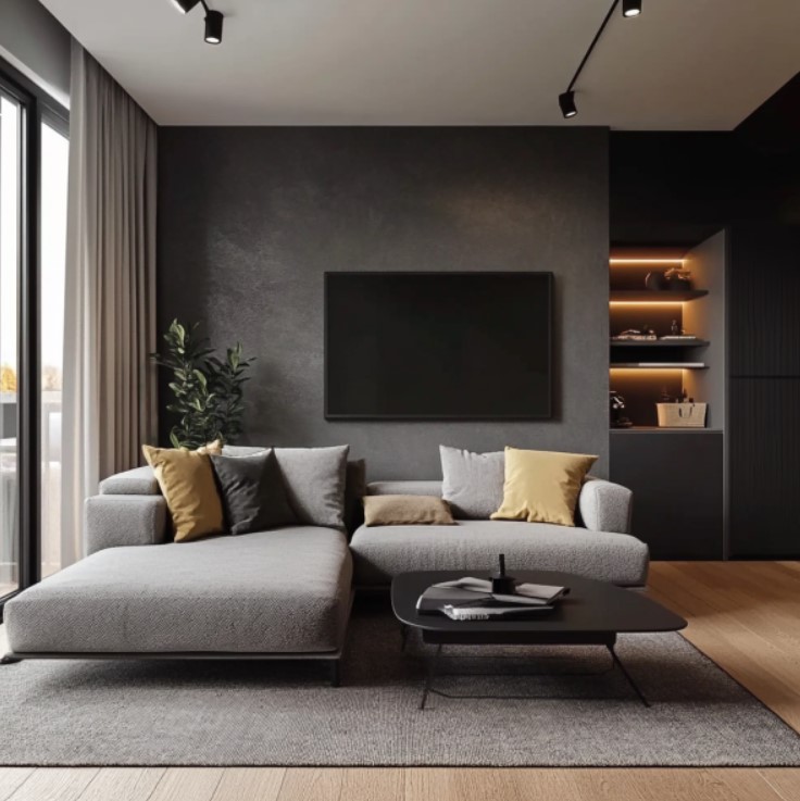 tidy living room with dark grey walls, l-shaped gray couch, black table