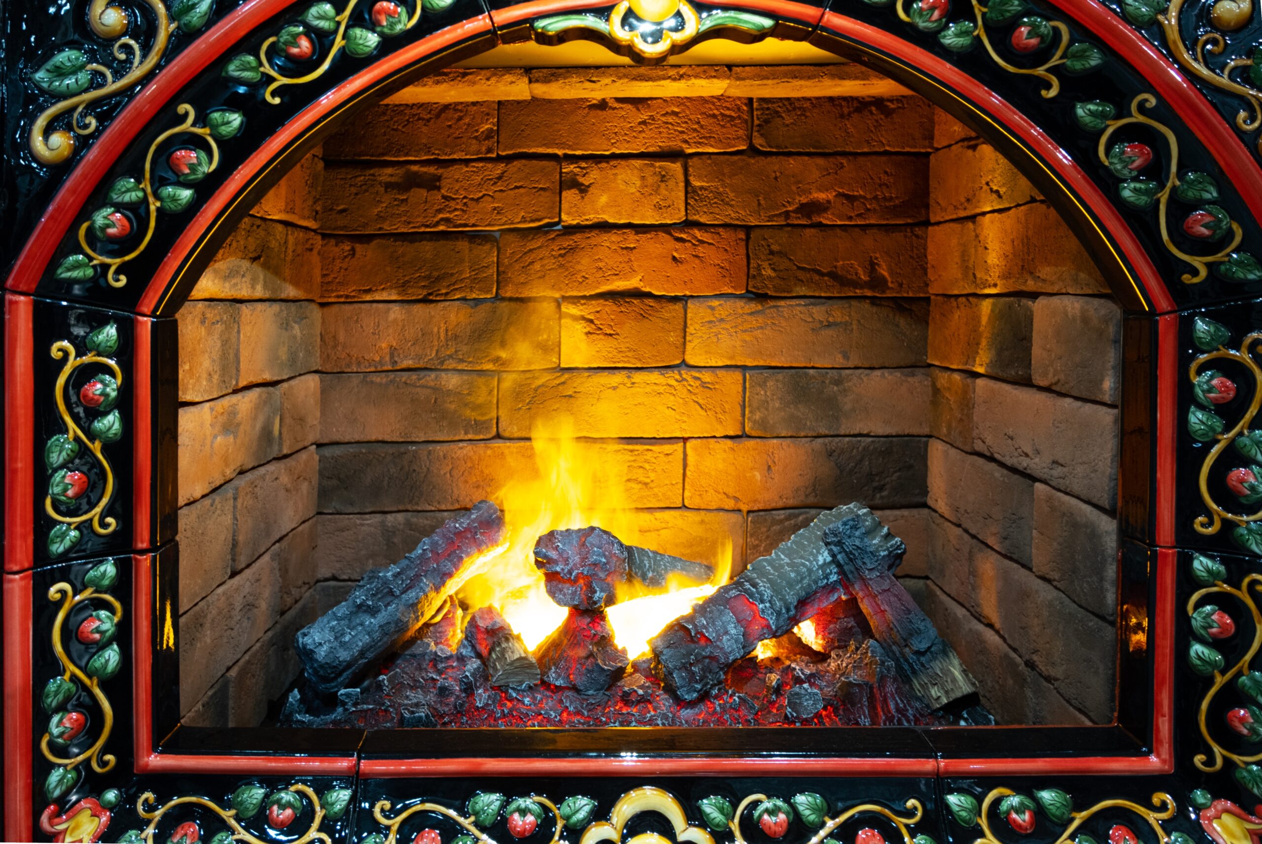 Colorful tiled fireplace