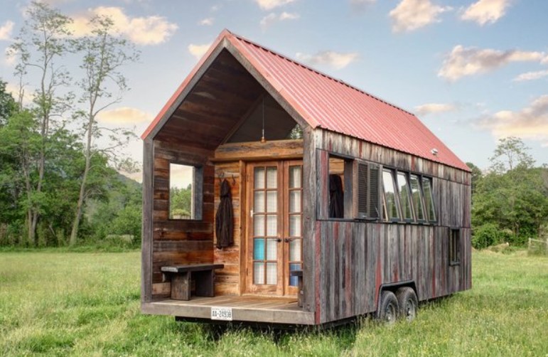 exterior of a tiny home with wooden walls