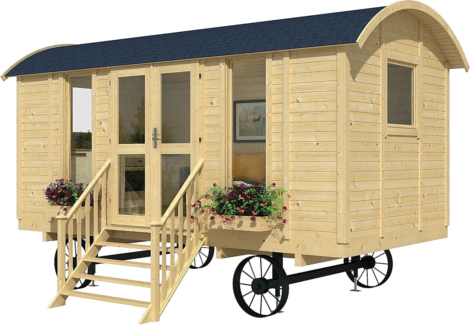 home on wheels with a wooden exterior and window boxes