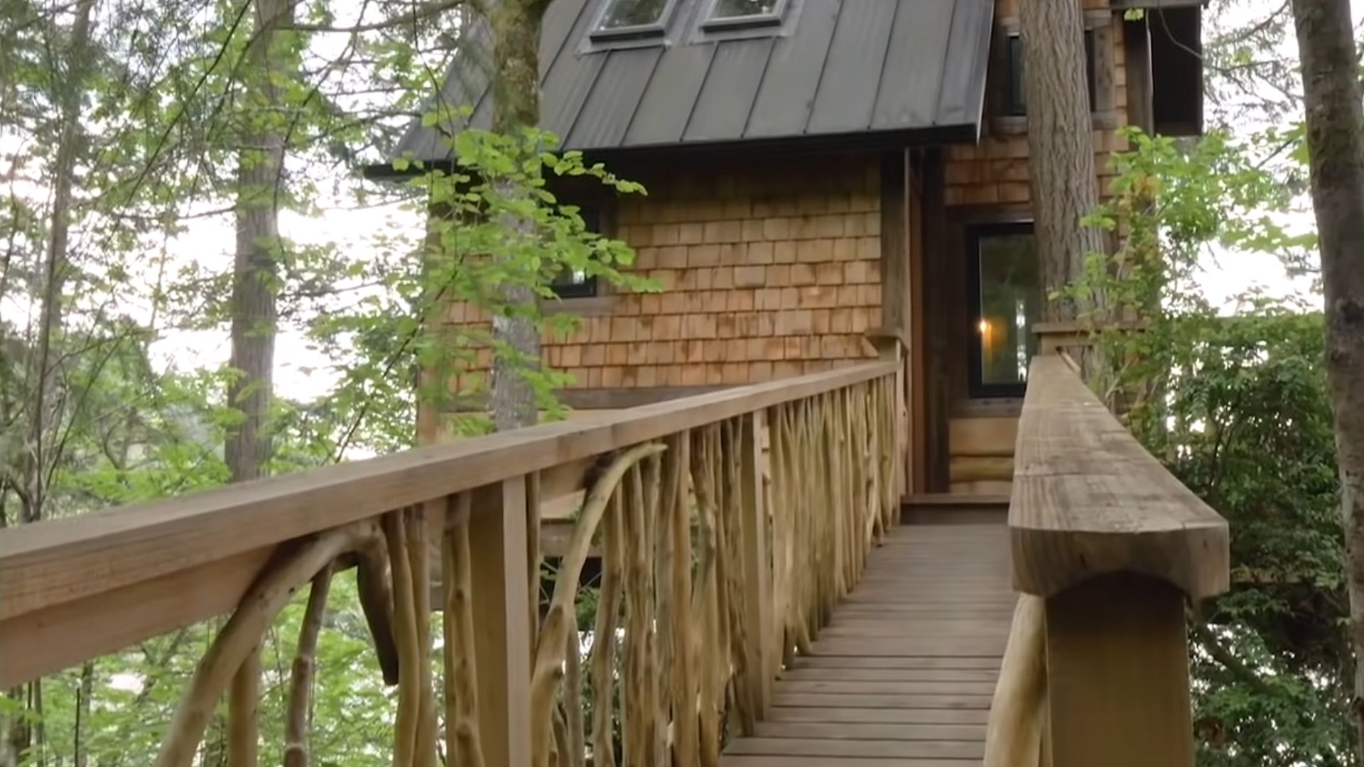 wooden bridge that leads into the treehouse