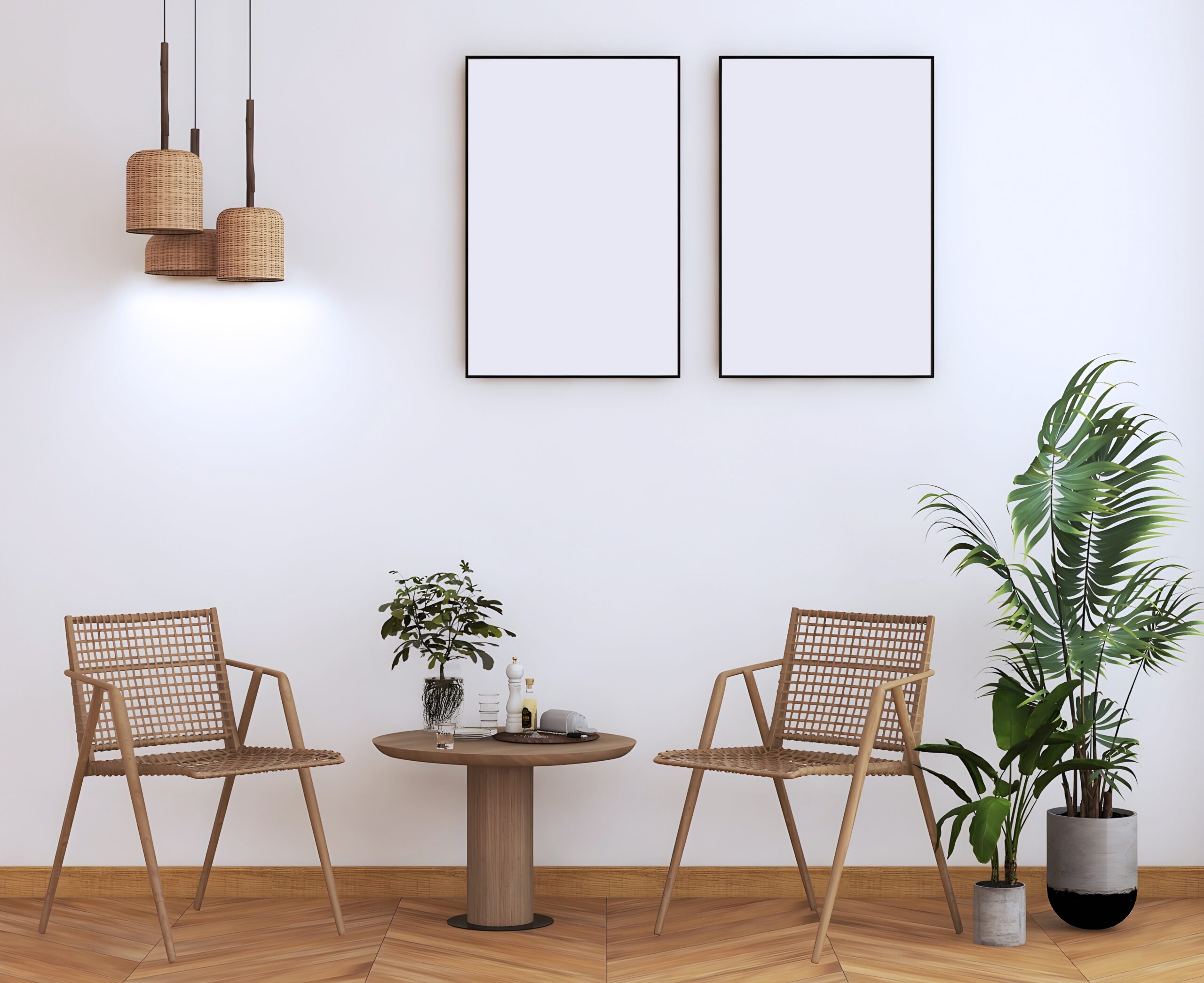 brown wooden chairs and table next to plants