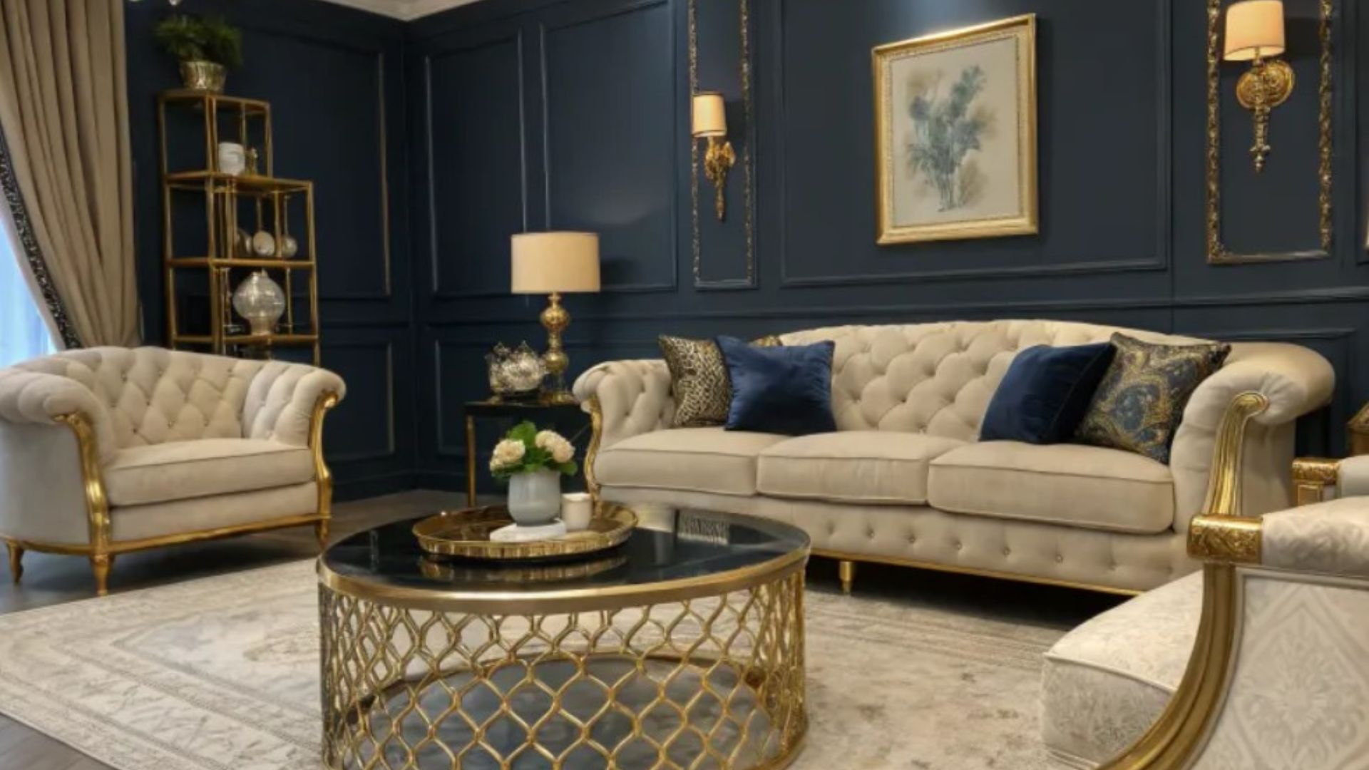 navy blue and gold living room