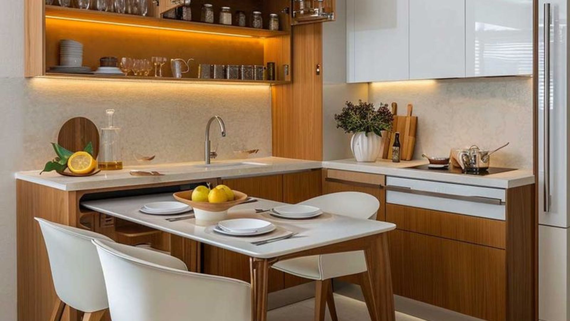 kitchen with brown and white cabinets and a dining table that's also an island