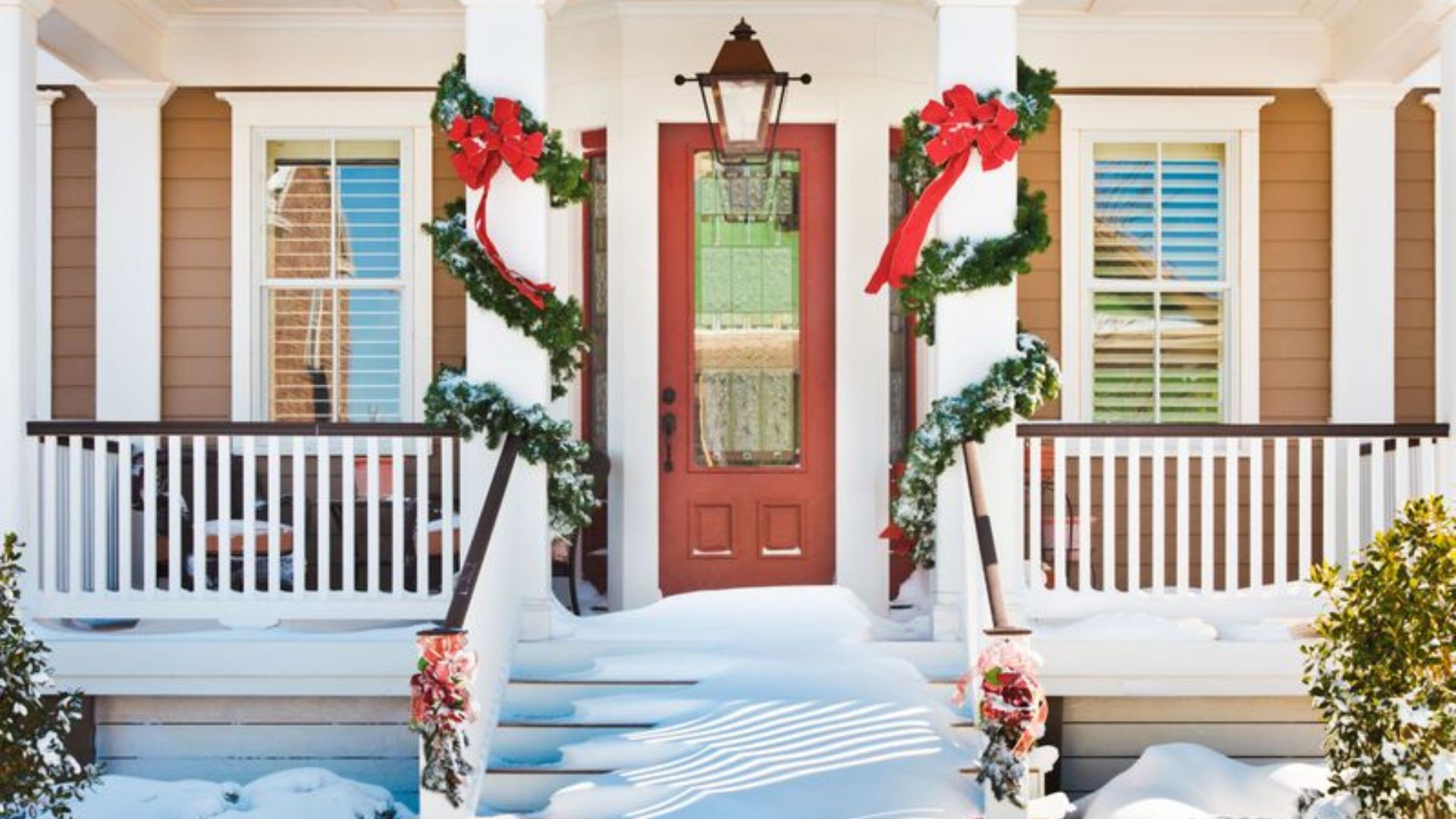 exterior of a holiday decorated home