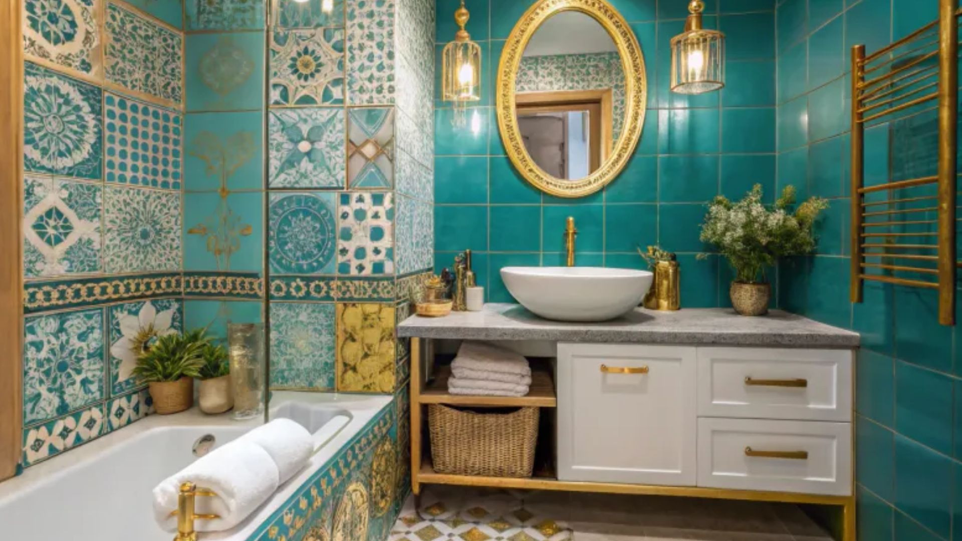 stunning vibrant bathroom with lots of golden details