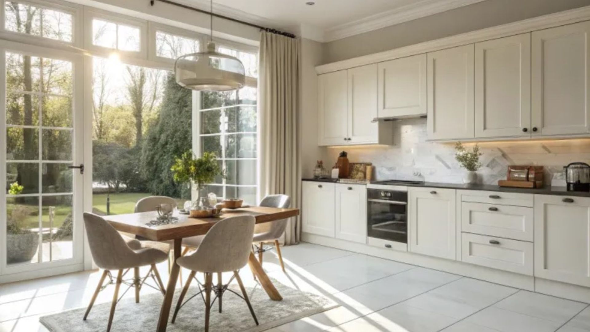 kitchen with white floors and white cabints and glass doors